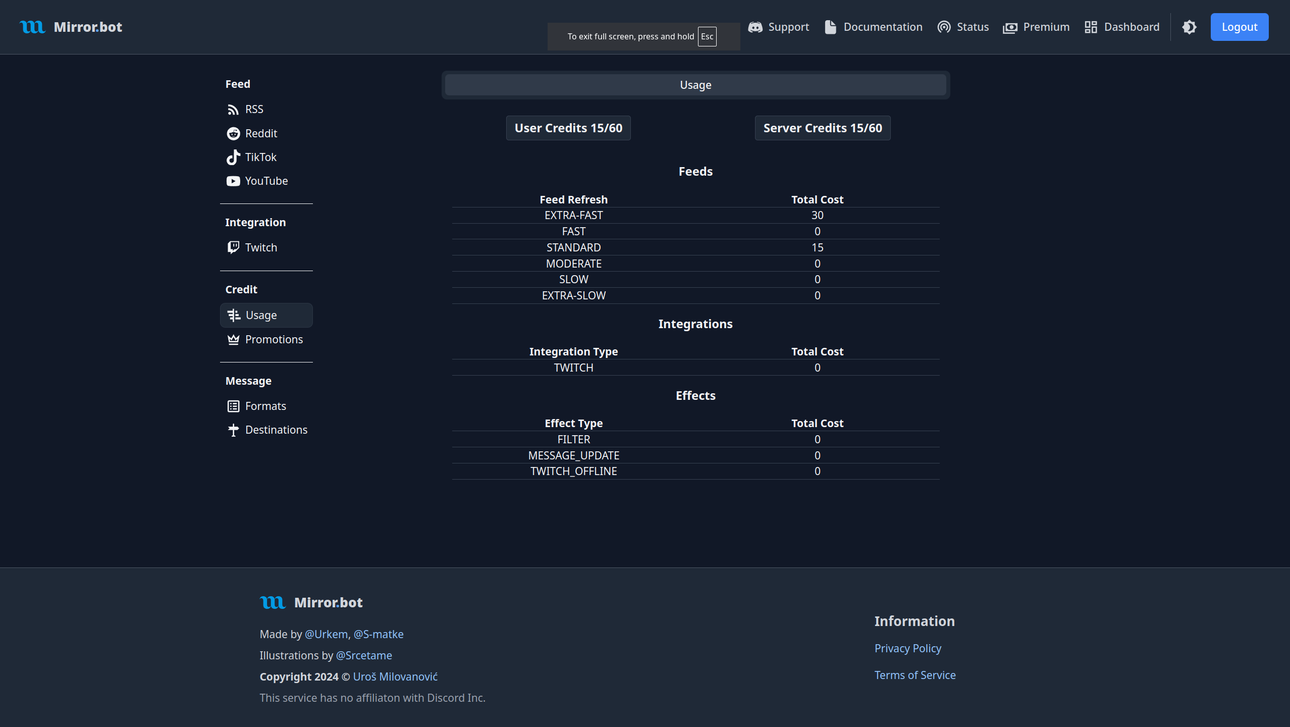 Web Dashboard Usage Page